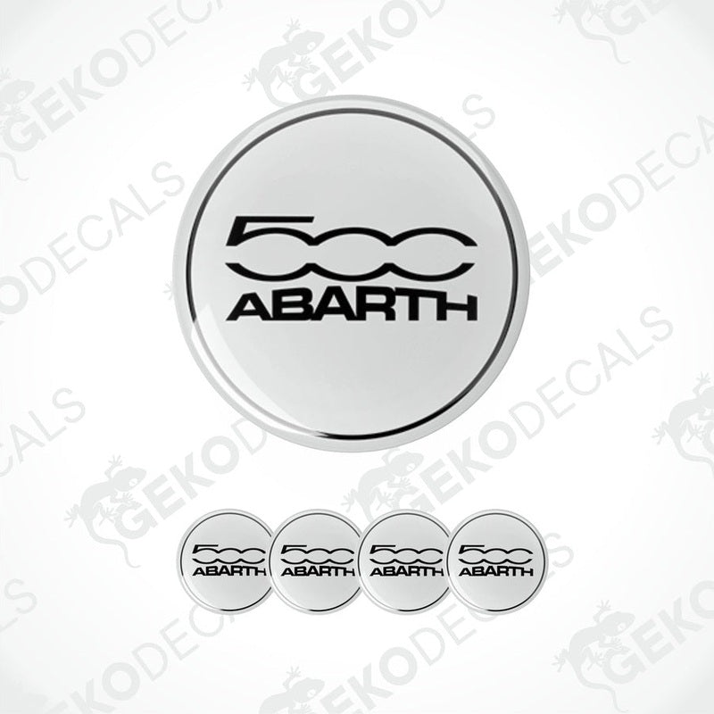 A set of four white-colored vinyl stickers with 'FIAT ABARTH 500' text and the ABARTH logo on them.