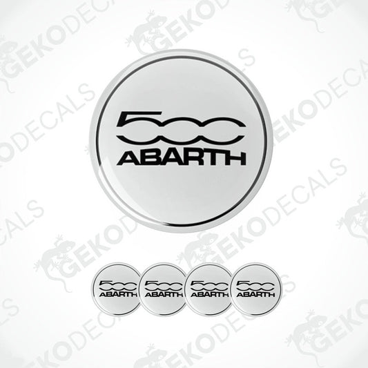 A set of four white-colored vinyl stickers with 'FIAT ABARTH 500' text and the ABARTH logo on them.
