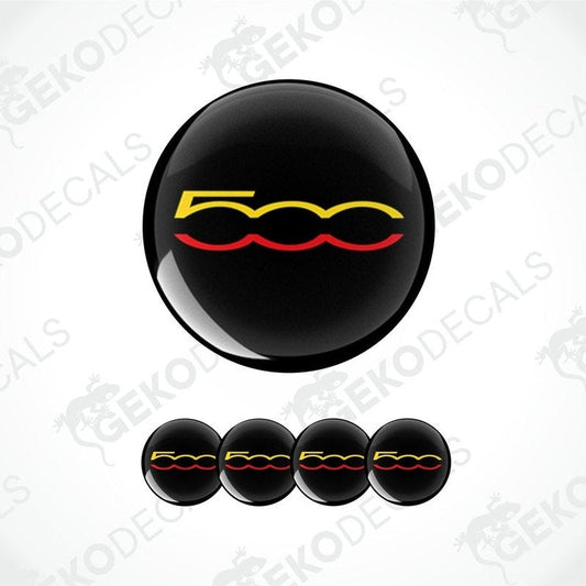 Set of four black, red, and yellow vinyl decals for a car, with a prominent 'FIAT ABARTH 500' logo.
