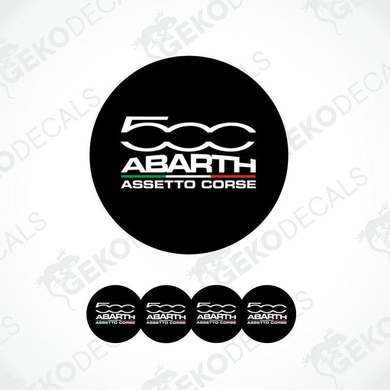 A set of four black vinyl stickers with 'ABARTH ASSESTO CORSE' text and a logo depicting a spiral design, displayed on a white background.