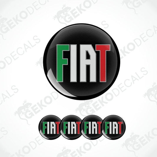 A set of four round vinyl stickers with a Fiat logo design, featuring the colors of the Italian flag.