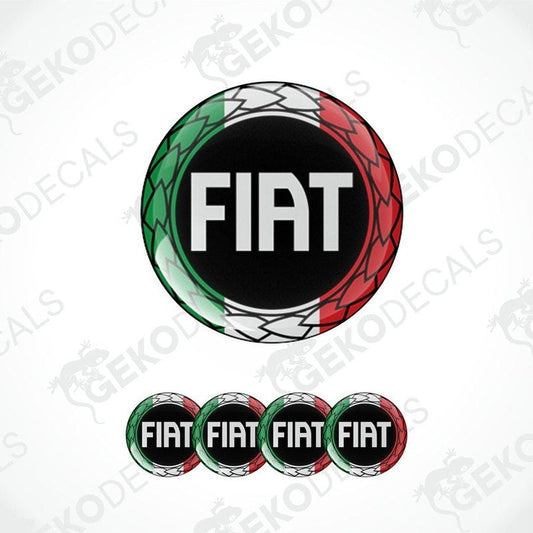 A set of four round vinyl stickers with a Fiat logo design, featuring colors similar to the Italian flag.