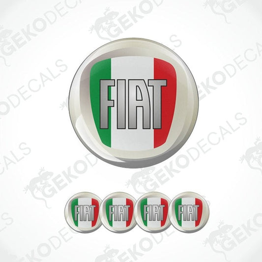 A set of four round vinyl stickers with a red, white, and green italian design and the word 'FIAT' in the center.