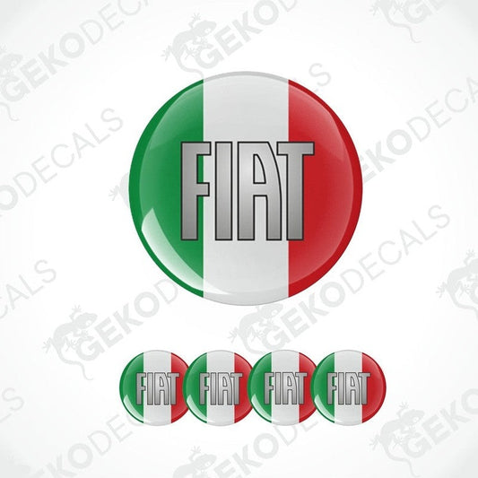 A set of four round vinyl stickers with a red, white, and green italian design and the word 'FIAT' in the center.
