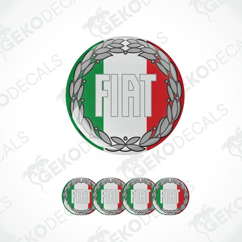 A set of vinyl decals with a Fiat Italy theme, including a round decal with the Fiat logo in the center and four additional dome-shaped decals with the Italian flag colors.