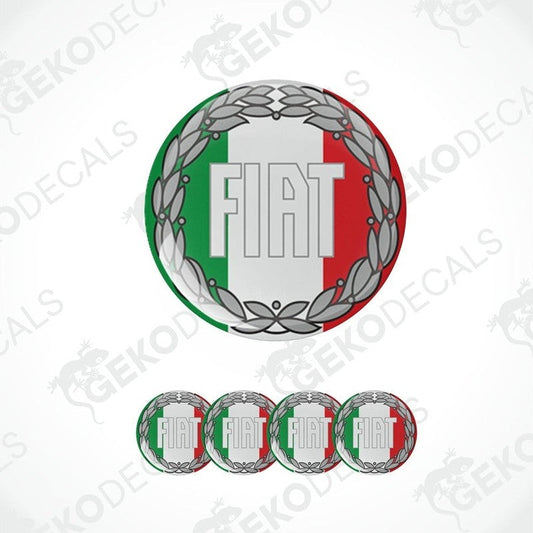 A set of vinyl decals with a Fiat Italy theme, including a round decal with the Fiat logo in the center and four additional dome-shaped decals with the Italian flag colors.