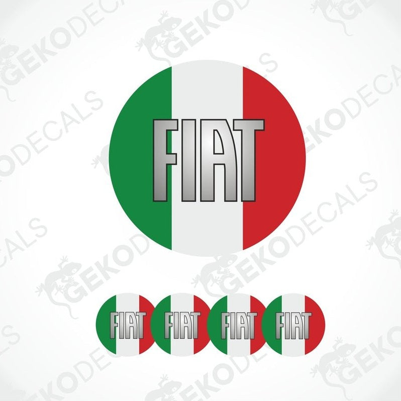 A set of four round vinyl stickers with a red, white, and green italian design and the word 'FIAT' in the center.