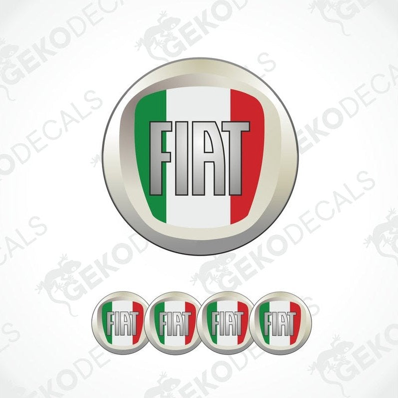 A set of four round vinyl stickers with a red, white, and green italian design and the word 'FIAT' in the center.