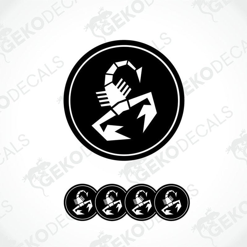 A set of black and white vinyl decals with a polyurethane coating, featuring a scorpion design, commonly associated with the Abarth brand.