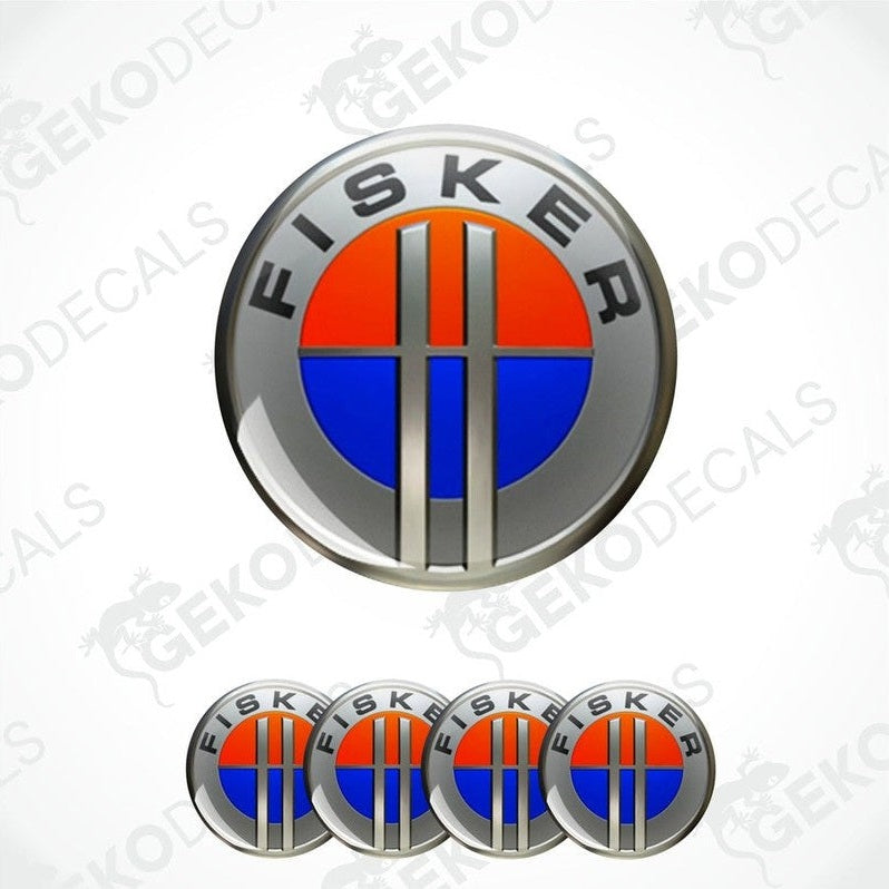 A set of four silver-colored vinyl stickers with a geometric design featuring orange, blue, and red, and the brand name 'FISKER' displayed on top.