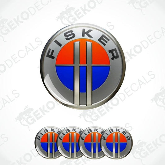 A set of four silver-colored vinyl stickers with a geometric design featuring orange, blue, and red, and the brand name 'FISKER' displayed on top.