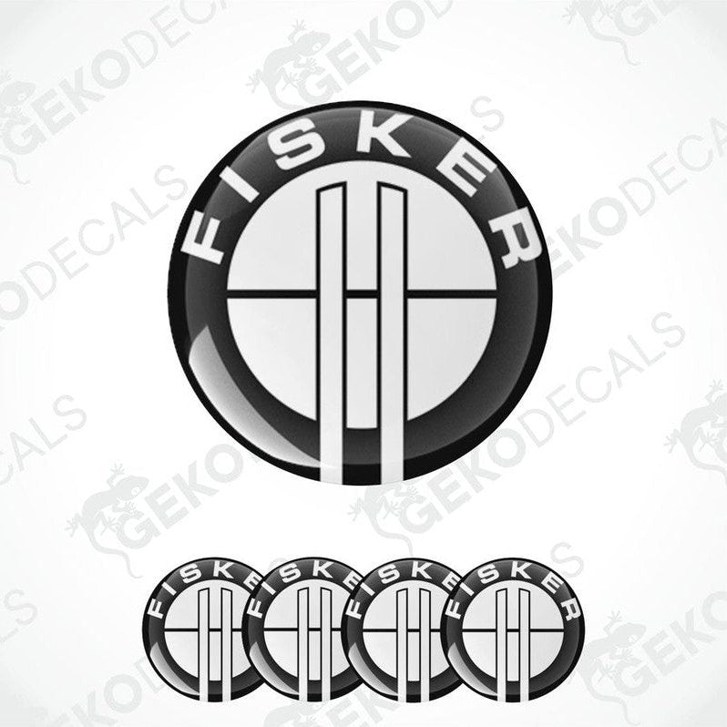 A set of vinyl decals with the FISKER logo, designed for use as car wheel decals.