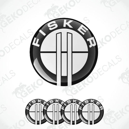 A set of vinyl decals with the FISKER logo, designed for use as car wheel decals.