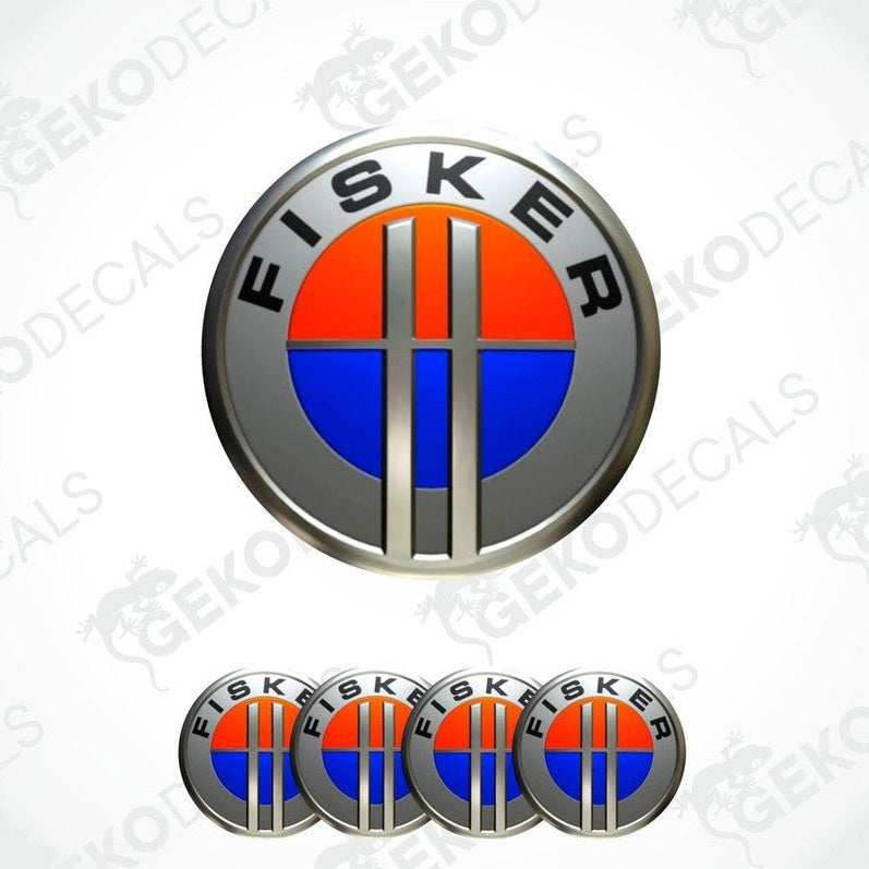 A set of four silver-colored vinyl stickers with a geometric design featuring orange, blue, and red, and the brand name 'FISKER' displayed on top.