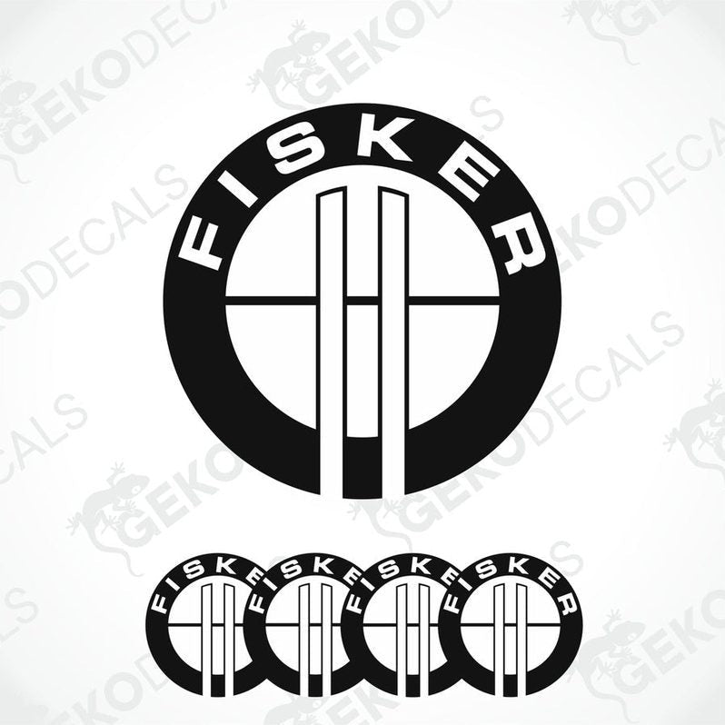 A set of vinyl decals with the FISKER logo, designed for use as car wheel decals.