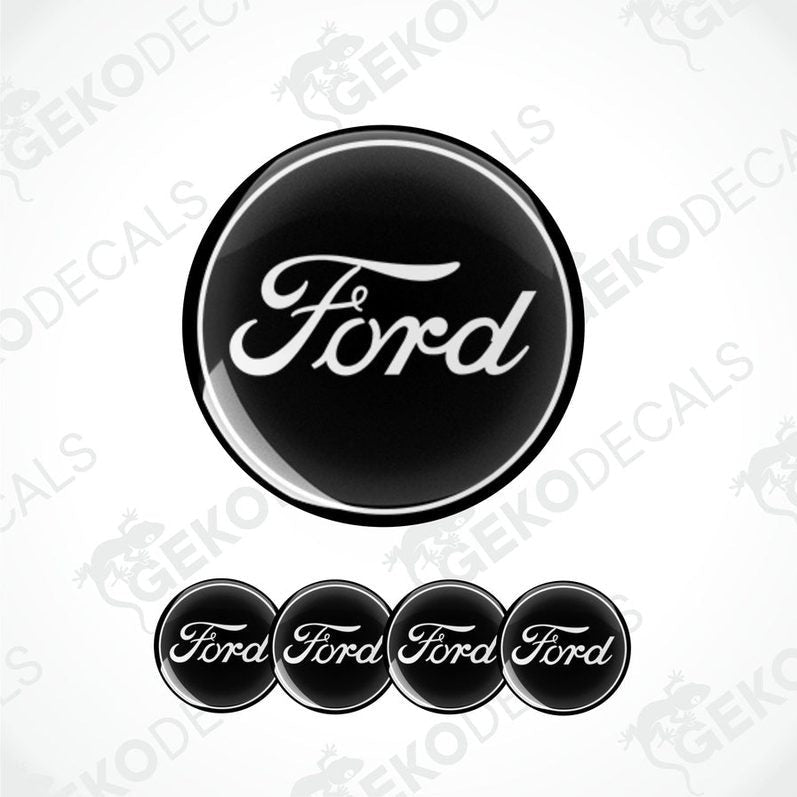 A set of four black and white Ford branded vinyl decals.