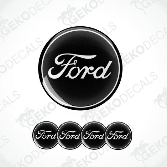 A set of four black and white Ford branded vinyl decals.
