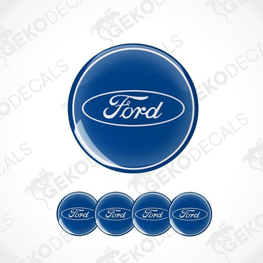 A set of four blue vinyl stickers with the word 'FORD' printed on them, designed for use as car decals.