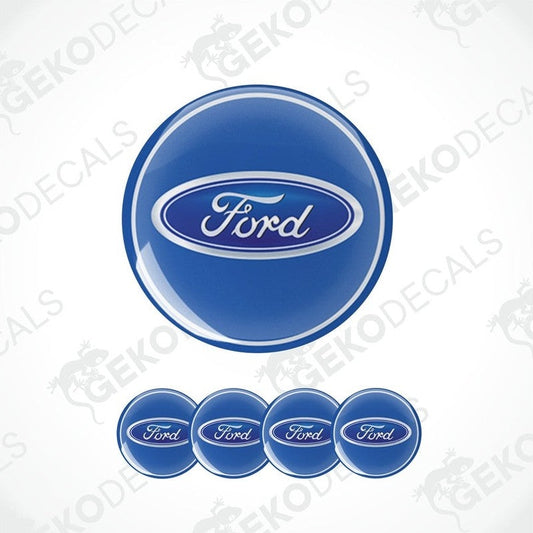 A set of four blue, white, and dark blue Ford branded vinyl decals.