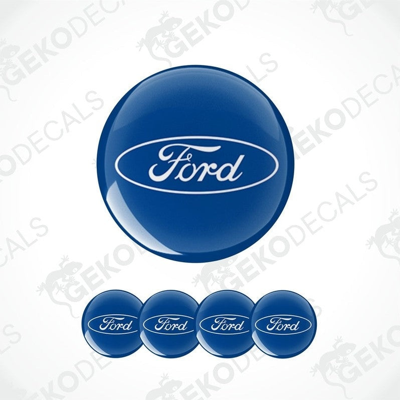 A set of four blue vinyl stickers with the word 'FORD' printed on them, designed for use as car decals.