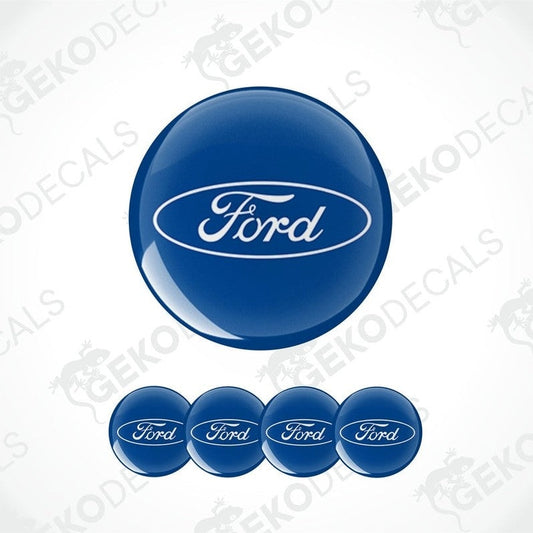 A set of four blue vinyl stickers with the word 'FORD' printed on them, designed for use as car decals.