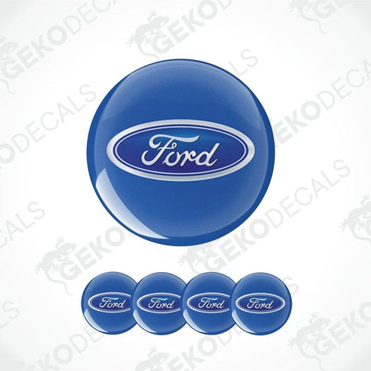 A set of four blue, white, and dark blue Ford branded vinyl decals.