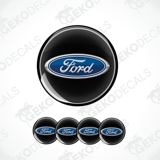 A set of four black, blue, and white Ford branded vinyl decals.