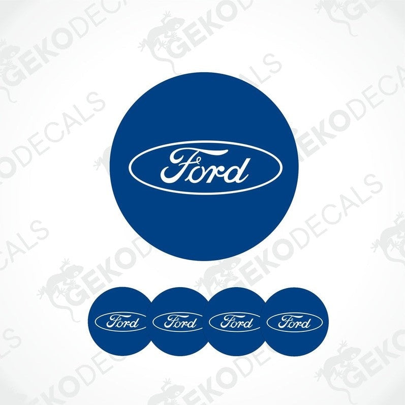 A set of four blue vinyl stickers with the word 'FORD' printed on them, designed for use as car decals.