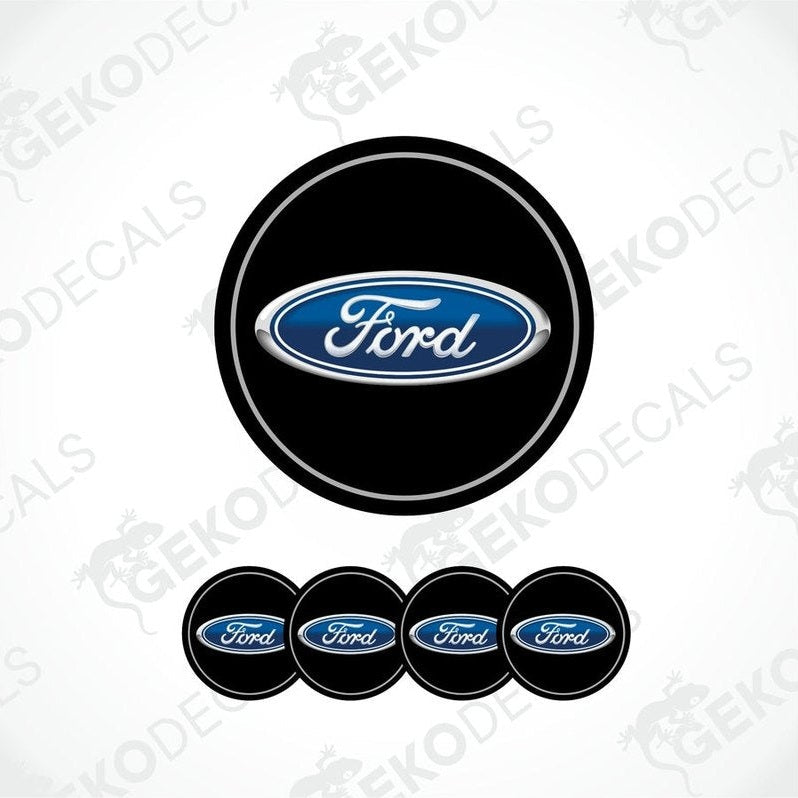 A set of four black, blue, and white Ford branded vinyl decals.