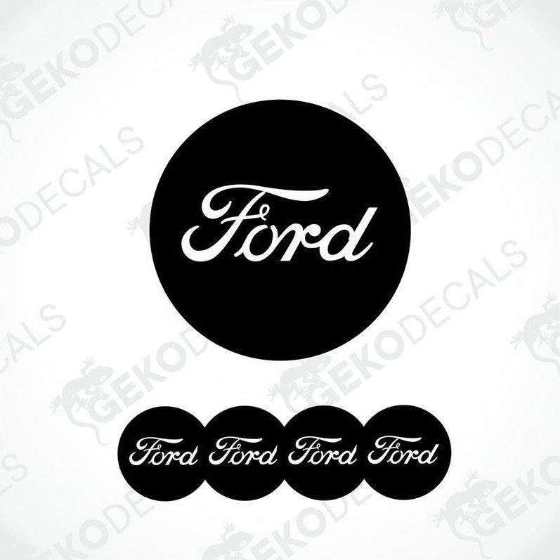 A set of four black and white Ford branded vinyl decals.