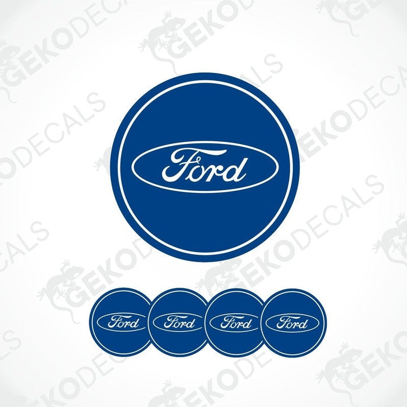 A set of four blue vinyl stickers with the word 'FORD' printed on them, designed for use as car decals.