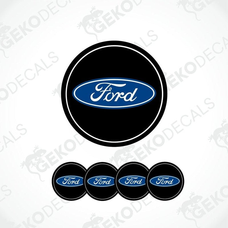 A set of four black vinyl stickers with the Ford logo in blue and white.
