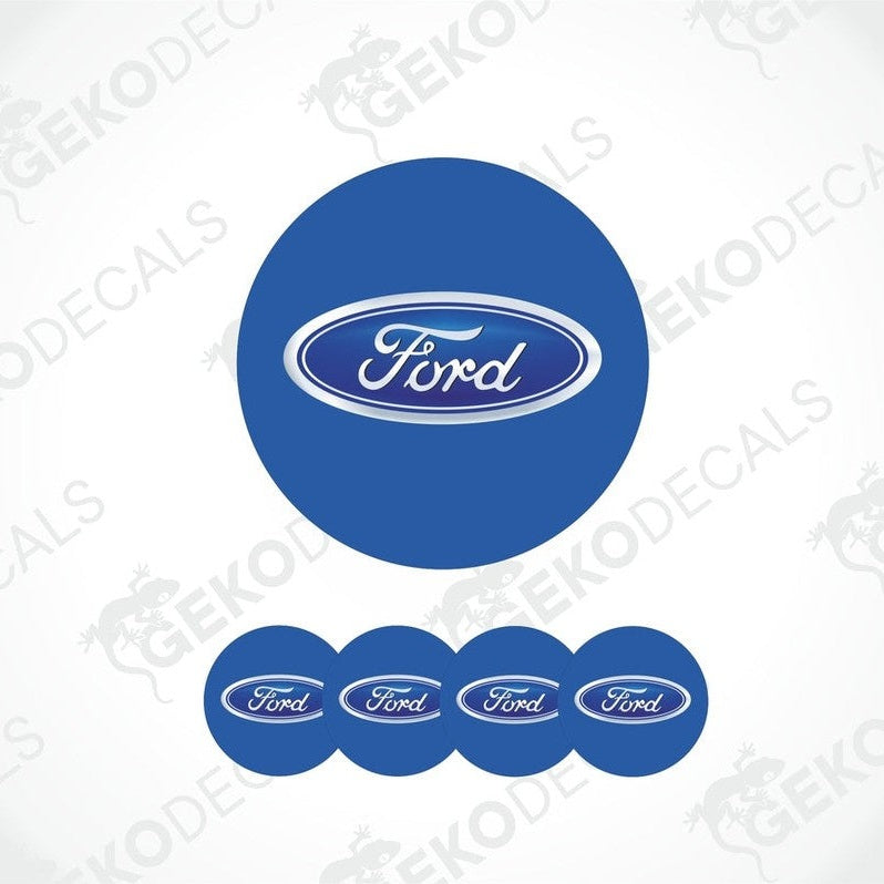 A set of four blue, white, and dark blue Ford branded vinyl decals.