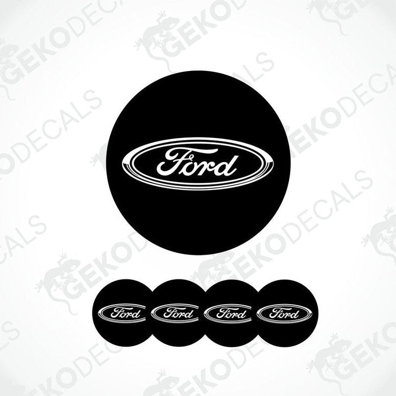 A set of black vinyl decals with the Ford logo, including four different sizes suitable for vehicle upholstery.