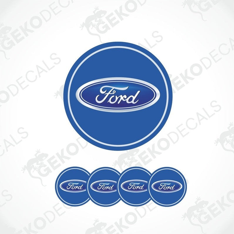 A set of four blue, white, and dark blue Ford branded vinyl decals.