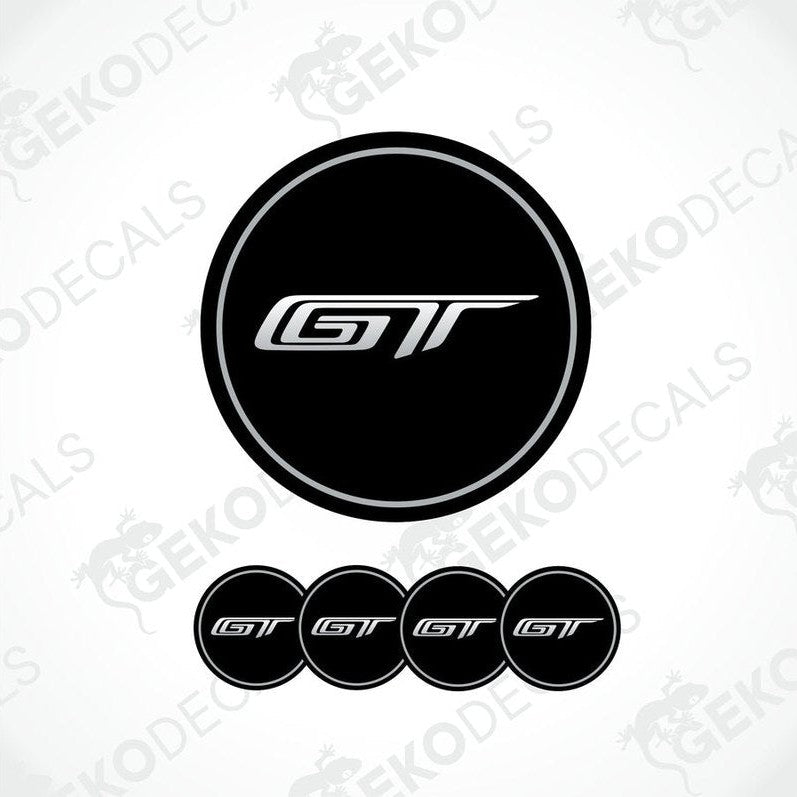 A set of four black vinyl stickers with the letter 'GT' and the FORD brand logo in white.