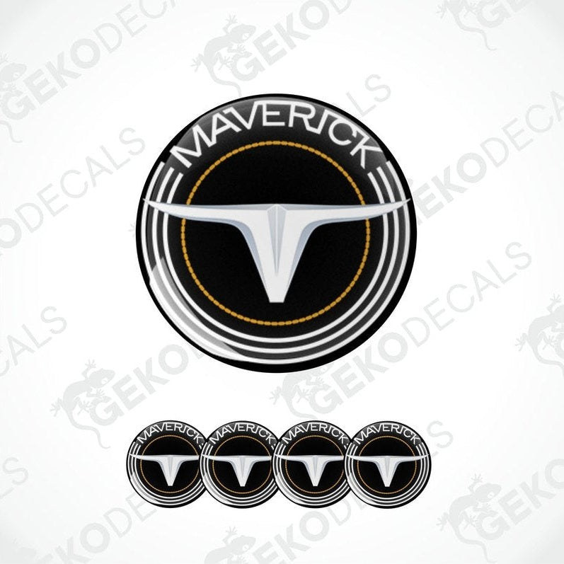 A set of vinyl decals for a FORD MAVERICK vehicle, featuring a prominent circular logo with the text 'MAVERICK' and a bull's horn design, surrounded by four additional smaller circular decals with the same design.