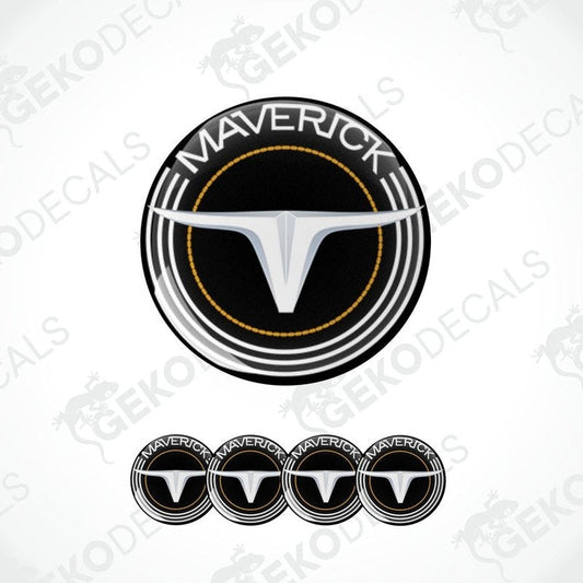 A set of vinyl decals for a FORD MAVERICK vehicle, featuring a prominent circular logo with the text 'MAVERICK' and a bull's horn design, surrounded by four additional smaller circular decals with the same design.