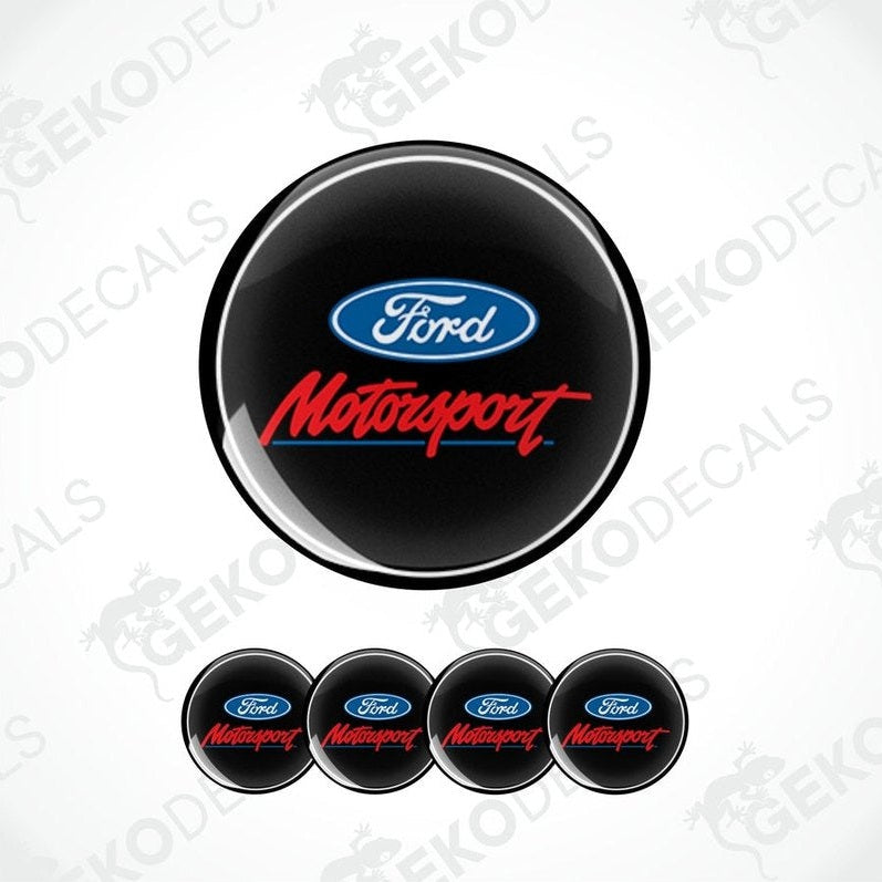 A set of four black vinyl stickers with the FORD MOTORSPORT logo in red and blue.