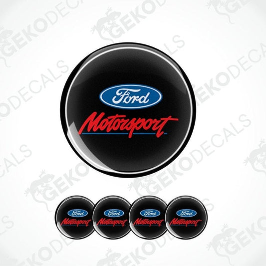 A set of four black vinyl stickers with the FORD MOTORSPORT logo in red and blue.