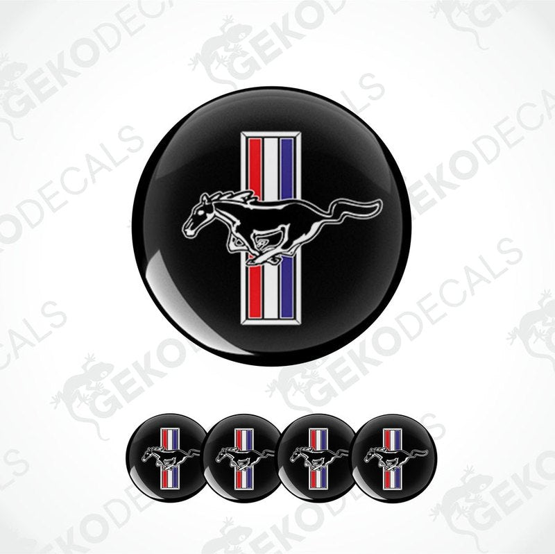 A set of four black vinyl stickers with a depiction of a horse and the Ford Mustang logo, featuring red, white, and blue stripes.