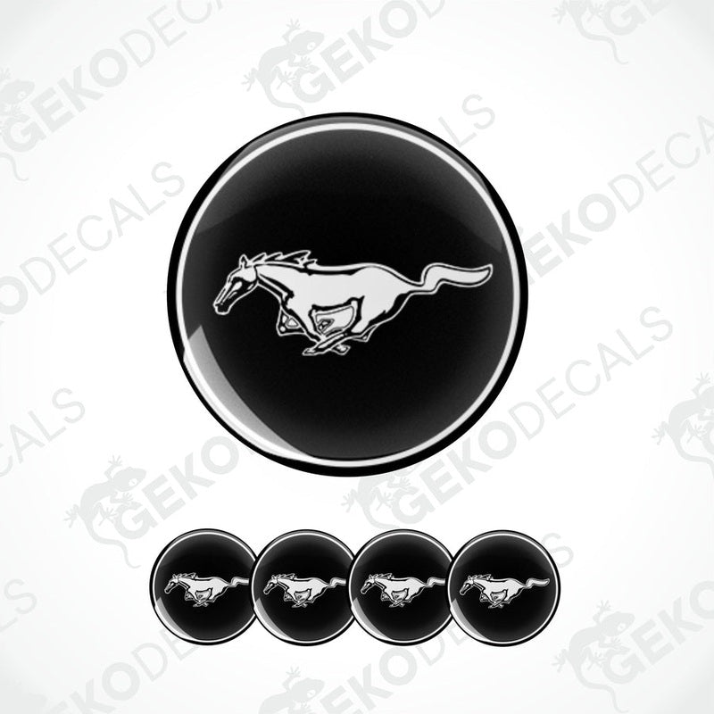 A set of four black and white vinyl decals with a Ford Mustang horse logo.