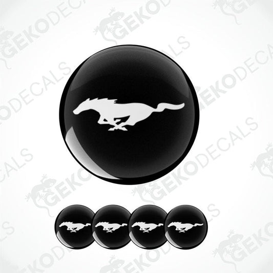 A set of four black and white vinyl decals with the Ford Mustang horse logo.