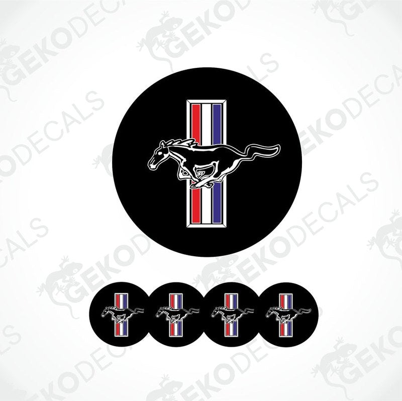 A set of four black vinyl stickers with a depiction of a horse and the Ford Mustang logo, featuring red, white, and blue stripes.