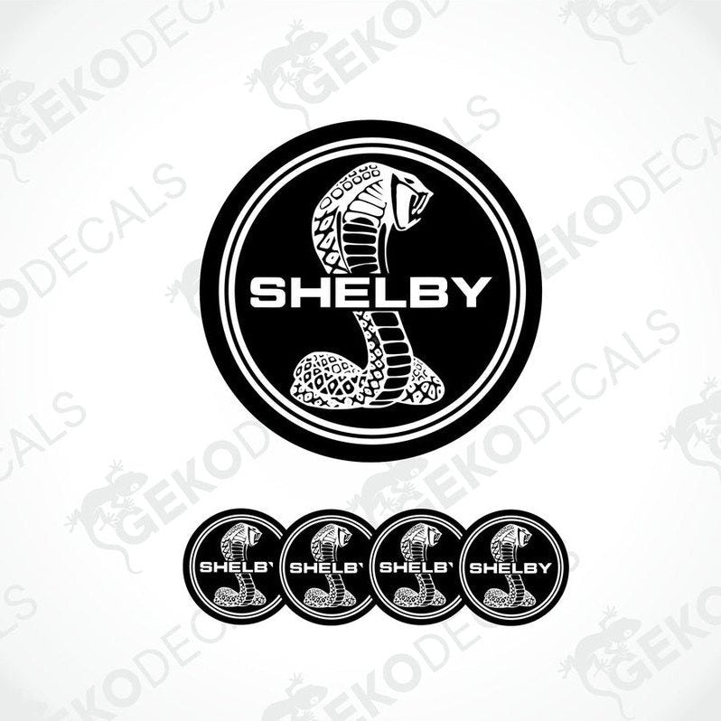 Set of vinyl decals with a Shelby logo, including four different designs featuring a cobra and the text 'Shelby'.