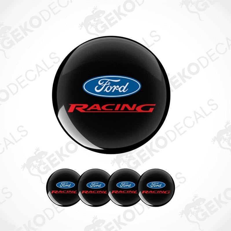 Set of four Ford Racing vinyl decals with a black background and blue and red text.