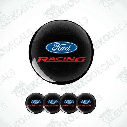 Set of four Ford Racing vinyl decals with a black background and blue and red text.