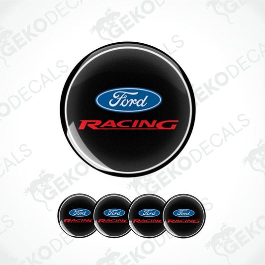 Set of four Ford Racing vinyl decals with a black background and blue and red text.