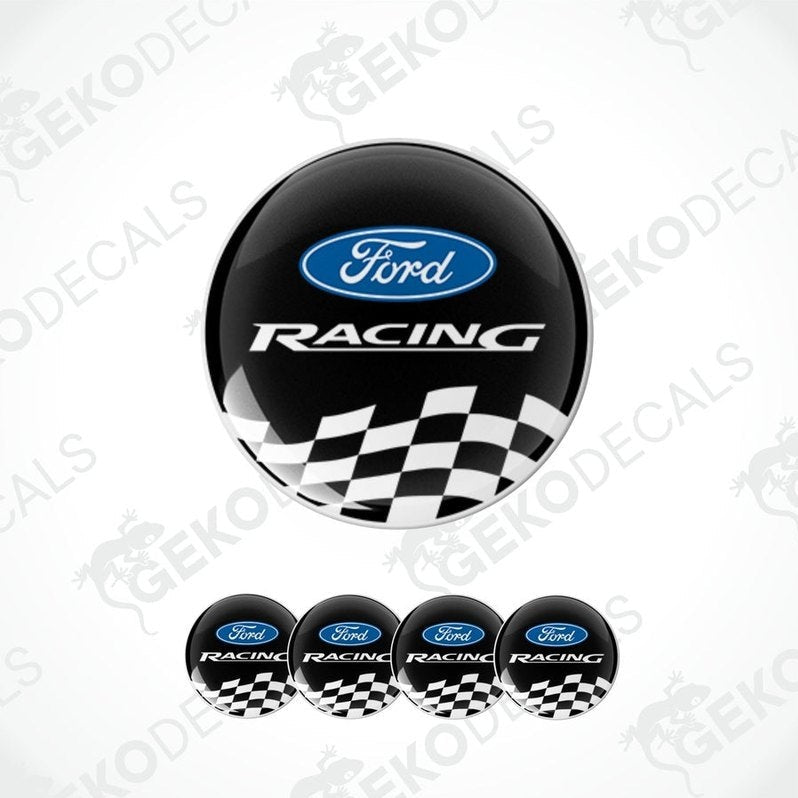 A set of four black vinyl stickers with the FORD RACING logo and a checkered pattern.