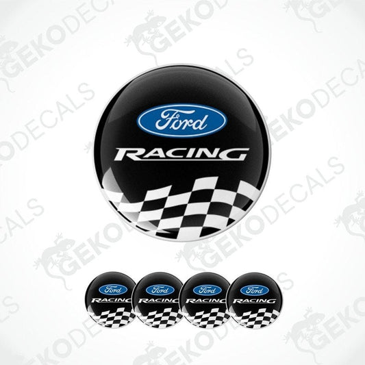 A set of four black vinyl stickers with the FORD RACING logo and a checkered pattern.